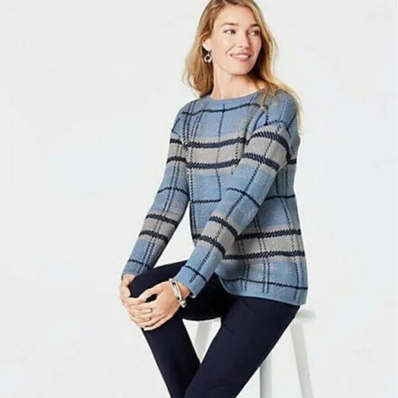 J Jill Plaid Crew Neck Oversized Sweater Cotton Relaxed Fit - sz L Petite - Picture 2 of 6